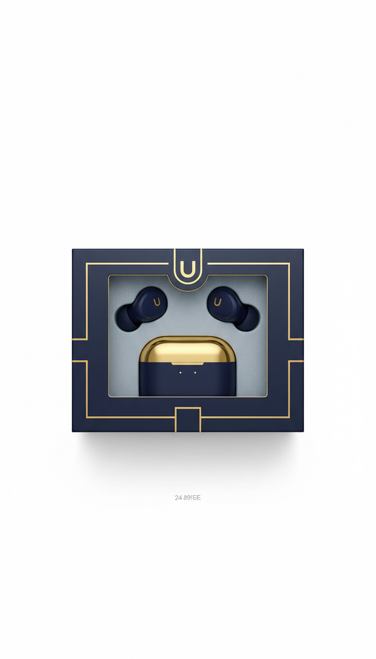 Wireless earbuds navy blue gold case