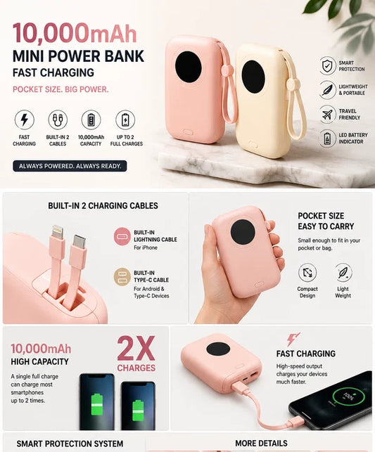 10,000mAh Mini Fast Charging Power Bank – Built-in Lightning & Type-C Cables | Pocket Size