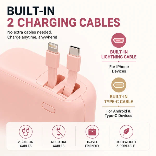 10,000mAh Mini Fast Charging Power Bank – Built-in Lightning & Type-C Cables | Pocket Size